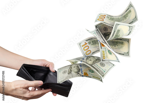 Hundred American dollars banknotes flying ot of a leather wallet, cut out