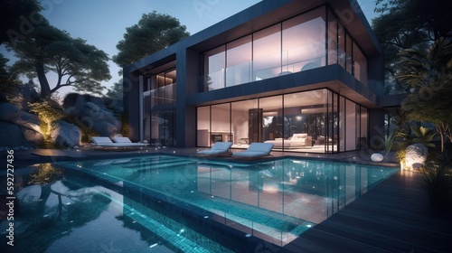 Luxury home  Expensive private villa  Swimming pool  Evening in a country house  Mansion exterior. Generative AI