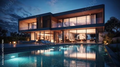 Luxury home  Expensive private villa  Swimming pool  Evening in a country house  Mansion exterior. Generative AI