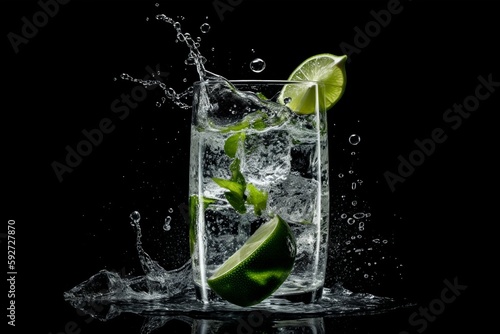 Fresh cocktail with lime and mint on black background. Generative AI