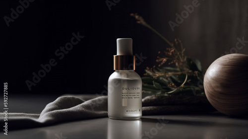 Isolated white skincare product set, no label or logo, surrounded by natural items, marketing mockup, marketing concept. Generative AI.