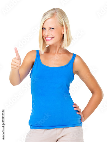Portrait, smile and woman with thumbs up for success isolated on a transparent png background. Hand gesture, happiness and person with like emoji, agreement or approval, yes or support, ok or vote.