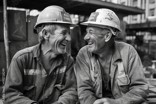 Camaraderie Amidst Roadworks, Construction Workers Sharing Laughs and Breaks, Humanized by Generative AI