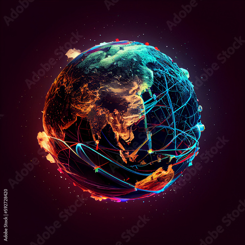 Fototapeta Naklejka Na Ścianę i Meble -  World connected by the internet, planet earth with wires, cyberspace and technology concept, generative AI
