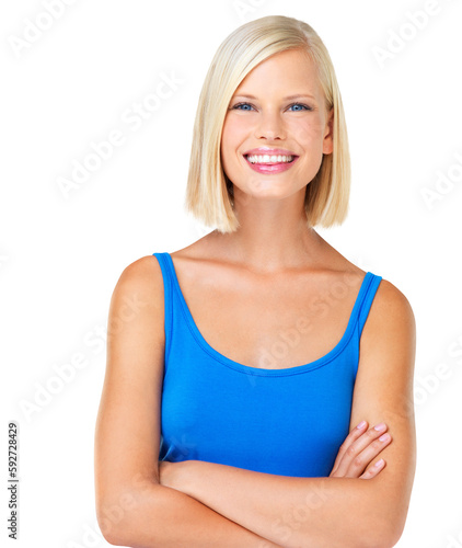 Smile, happy and portrait of woman in studio, proud and relax on mockup, space. Face, young and girl model posing, casual and confident or real with joy while isolated on a transparent png background