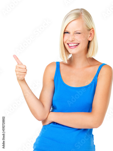 Woman, thumbs up and portrait isolated on a transparent, png background success, thank you and support, like or vote. Winner person wink with yes, ok and agreement hands sign or emoji for winning