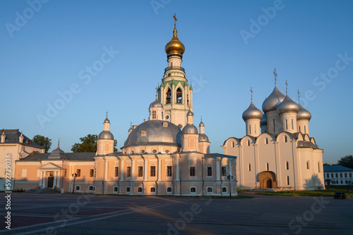Ancient temples on the Kremlin square on a sunny August morning. Vologda, Russia
