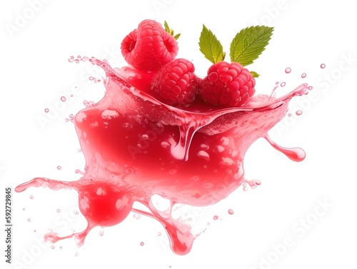 Raspberry with juice liquid splash, generative ai