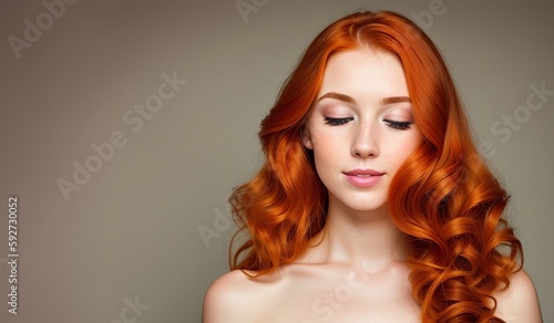Redhead woman with healthy wavy long hair, generative ai image