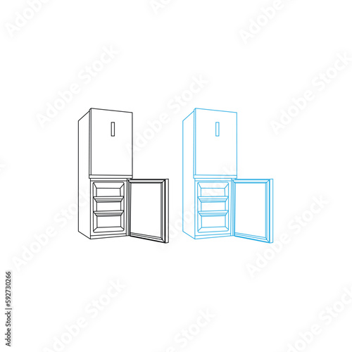 Empty fridge open and closed, in cartoon style.fridge freezer refrigerator condenser icon line black on white background