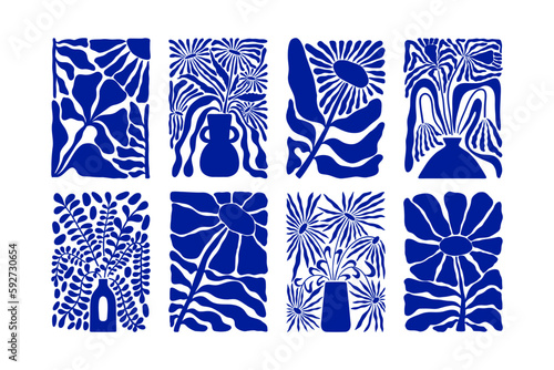 Abstract flower posters. Minimal floral naive art prints Matisse inspired, doodle organic botanical element. Vector set