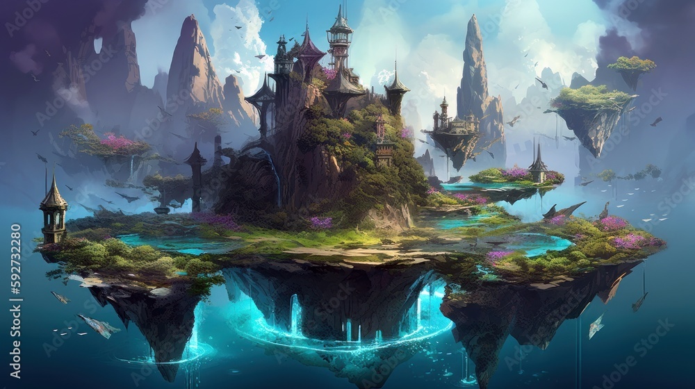 Fantasy concept digital art. A floating island city with crystal towers ...
