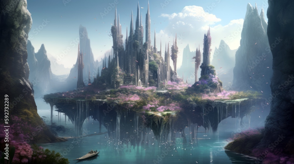 Fantasy concept digital art. A floating island city with crystal towers ...