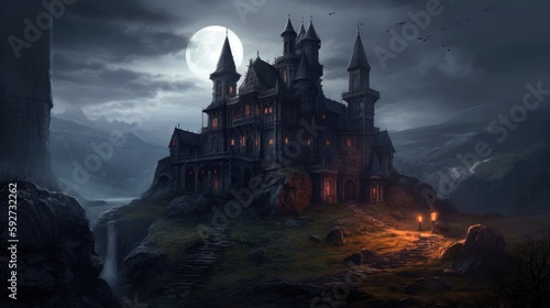 Fantasy concept digital art. A dark, foreboding castle inhabited by powerful vampires and their undead minions. Generative ai. © MADMAT