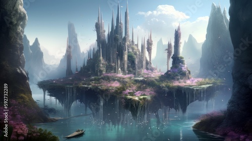 Fantasy concept digital art. A floating island city with crystal towers and lush gardens. Generative ai. © MADMAT