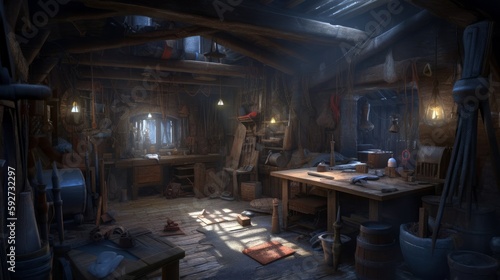 Fantasy concept digital art. A magical blacksmith s workshop with enchanted weapons and armor. Generative ai.