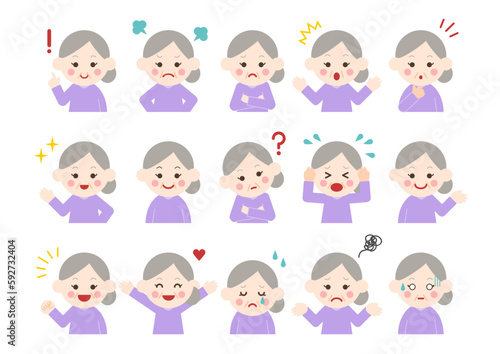 シニア女性の表情とポーズのイラストセット
