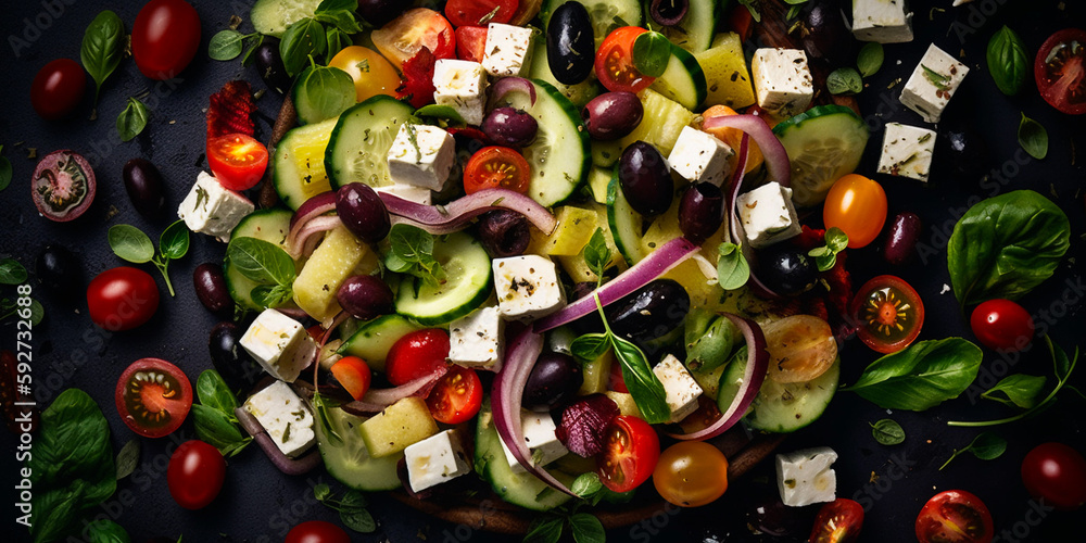 healthy and tasty super food, greek salad on a black plate, created with generative ai