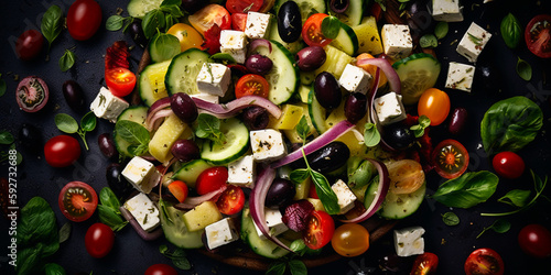 healthy and tasty super food  greek salad on a black plate  created with generative ai
