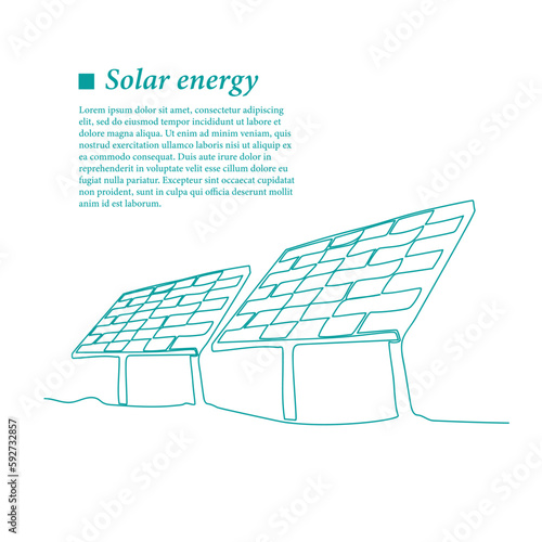 Solar panels continuous line art. Green energy and renewable source of power concept in simple linear style. Doodle vector illustration.