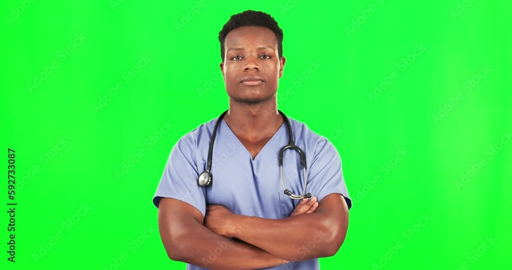 Black man, serious doctor and face on green screen, assertive with mockup space and healthcare. Medical professional, male arms crossed in portrait and health surgeon with focus on studio background Black man, serious doctor and face on green screen, assertive with mockup space and healthcare. Medical professional, male arms crossed in portrait and health surgeon with focus on studio background