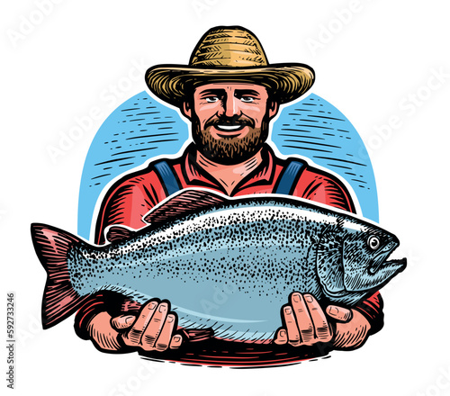 Happy fisherman holds the big fish in his hands. Sport fishing, emblem vector illustration