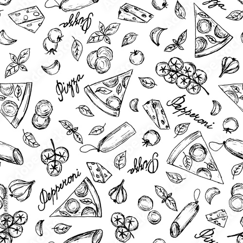Hand illustrated seamless pattern with pepperoni pizza slices, tomatoes, salami, basil and garlic.Handwritten words "pepperoni pizza".Fast street food background. © Sunny_Smile