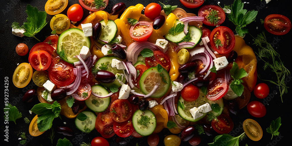 healthy and juicy greek salad, top view, created with generative ai healthy and juicy greek salad, top view, created with generative ai