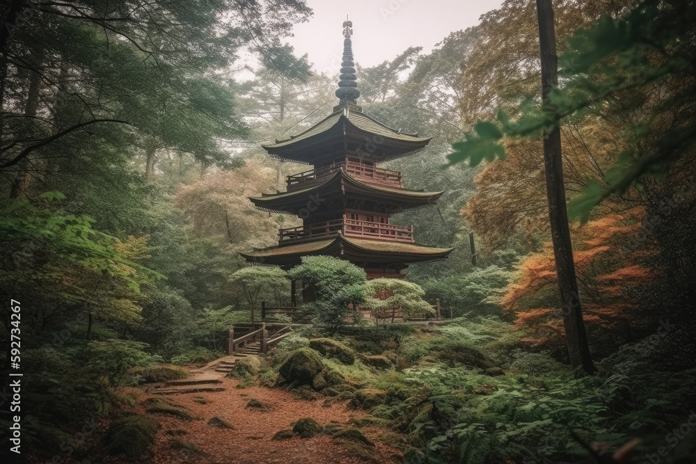 japanese temple in autumn created with Generative AI technology
