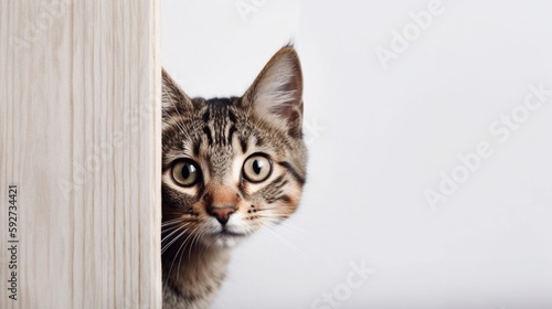 Cute kitten peeking out from behind the wall, on a white background. Generative AI. © EUDPic