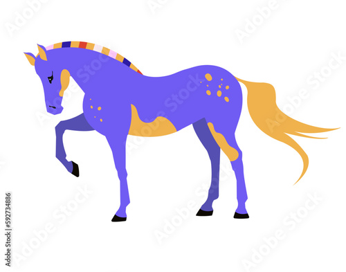 Vector illustration of a standing horse on a white background. Full length color flat illustration of a horse.