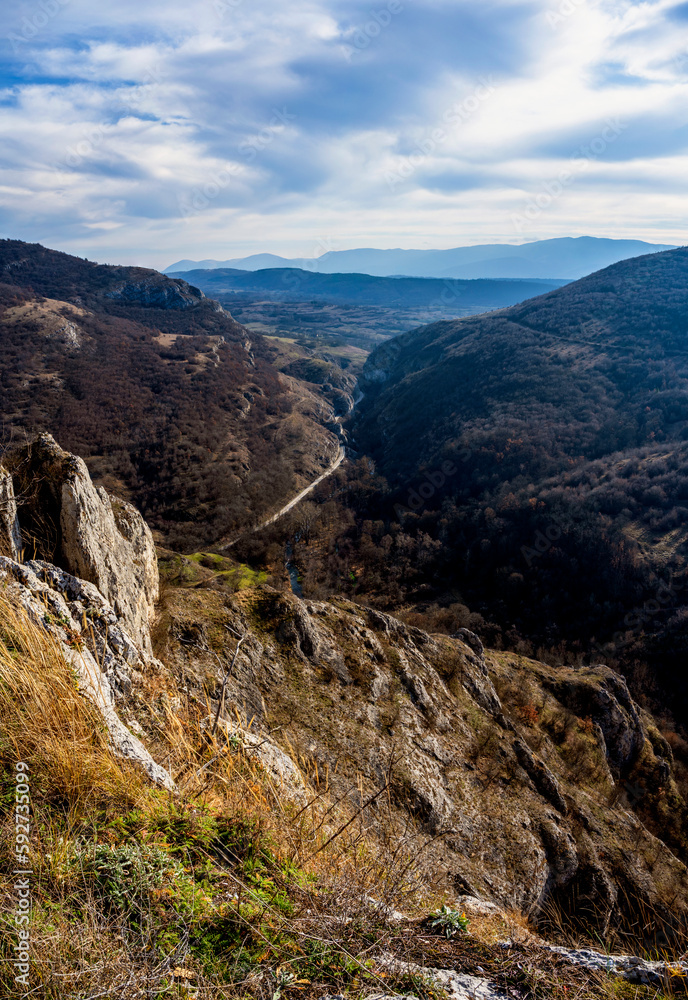 Autumn mountain view with old railway with its tunnels and a river passing through the canyon,
Southern Serbia.