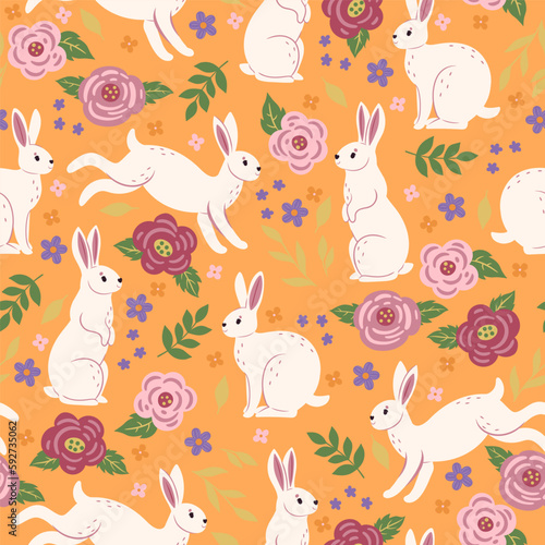 Seamless pattern with cute rabbits and flowers. Vector graphics.