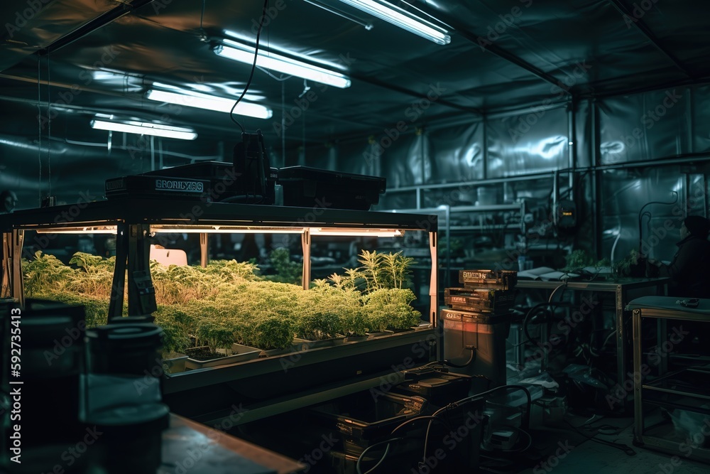 Naklejka premium Powering massive LED arrays that illuminate the interior of a greenhouse at night. Crop technicians in hazmat suits tend to the plants under the bright lights, as if growing diamonds. Generative AI