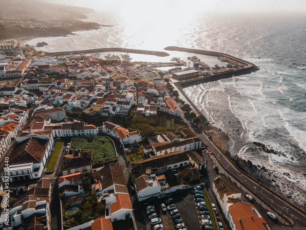 Drone view of Vila Franca do Campo in Sao Miguel, Azores