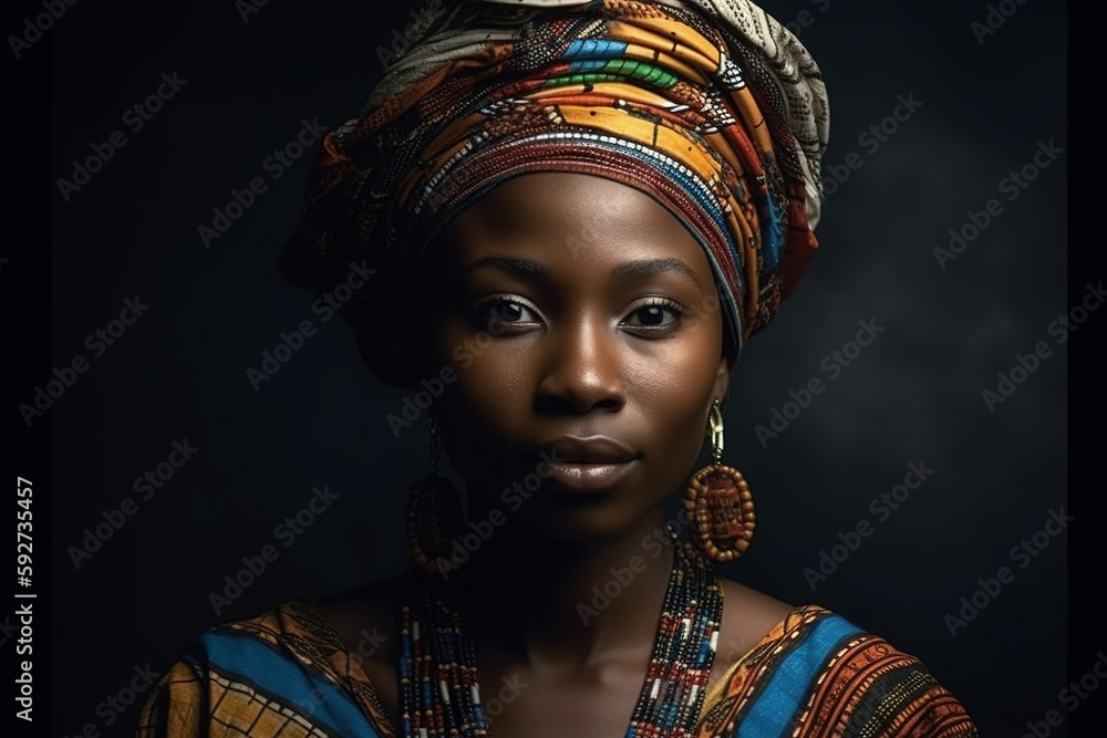 A portrait of African woman in traditional headdress. Generative AI