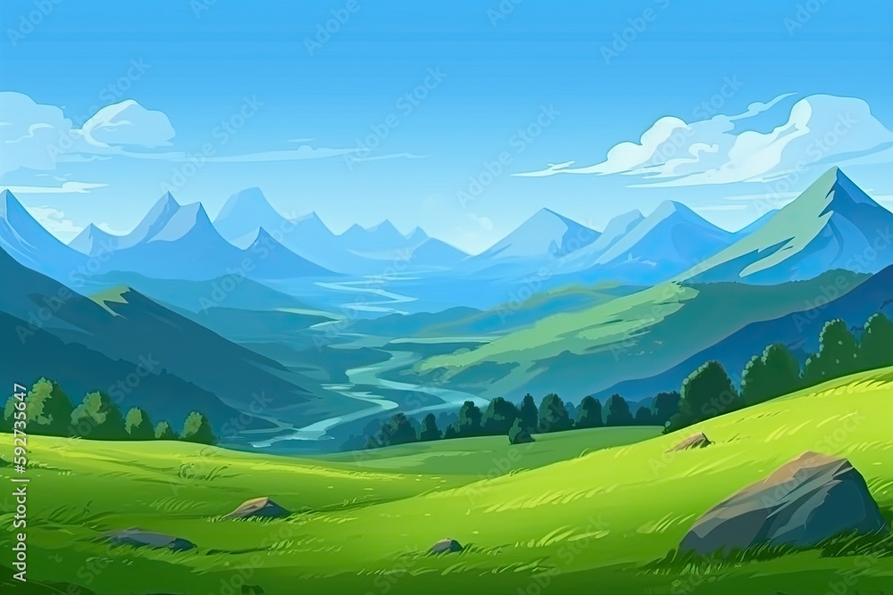 Summertime mountain scenery under a clear sky. Generative AI