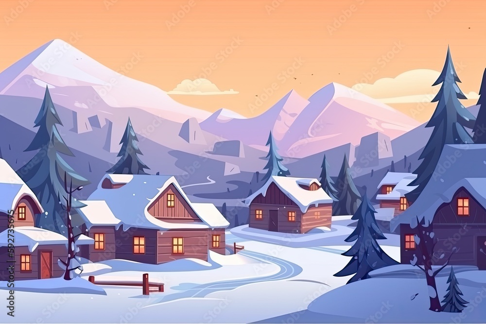 Wood doll town village in cartoon style with a snowy winter new year concept as the background. Generative AI