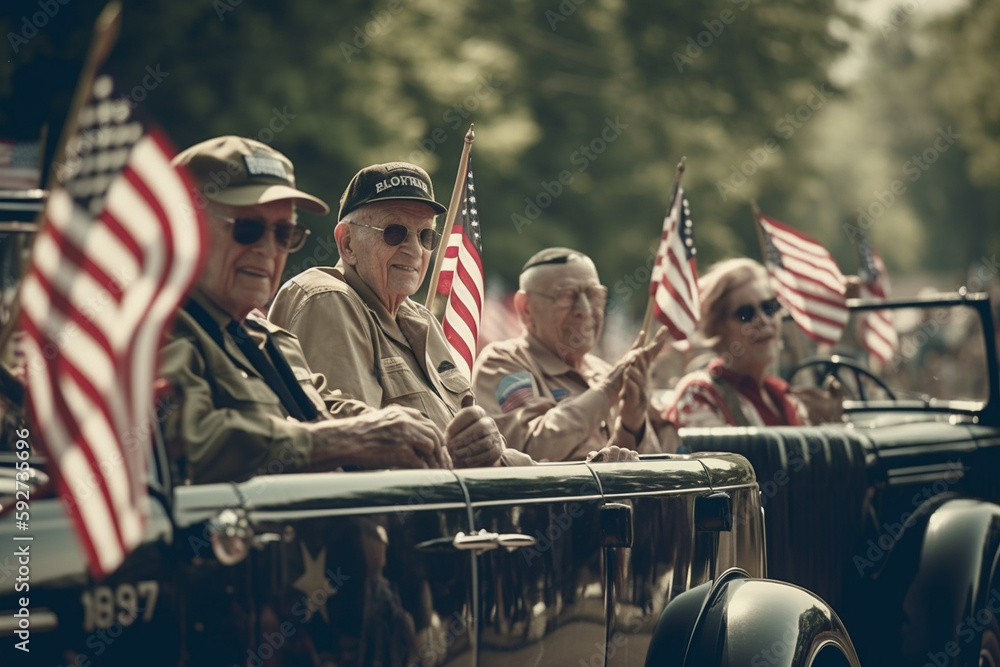 Memorial Day parade with veterans, military vehicles, and community members waving flags and cheering. Memorial day Generative AI