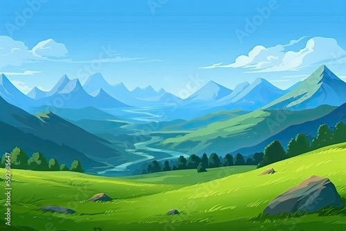 Summertime mountain scenery under a clear sky. Generative AI