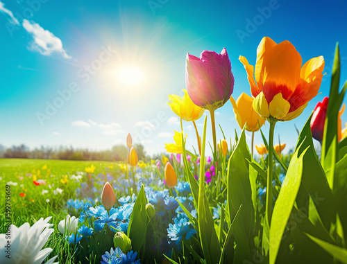 Beautiful grass fields with blooming flowers, trees, and blue sky on a sunny day blurred the spring background nature