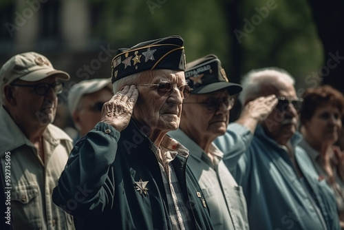 Group of veterans of different generations gathered around a flagpole, saluting the flag. Memorial day Generative AI photo