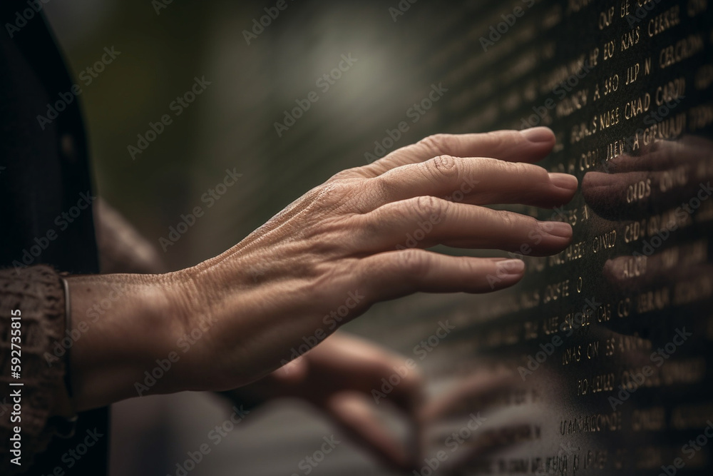 A close-up of a hand touching a name on a war memorial, reflecting on the life lost. Memorial day Generative AI