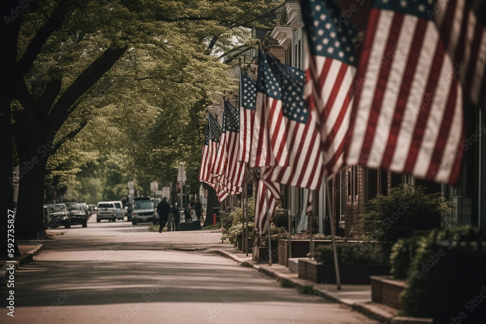 American flags lining the streets of a small town in preparation for Memorial Day. Memorial day Generative AI - obrazy, fototapety, plakaty 