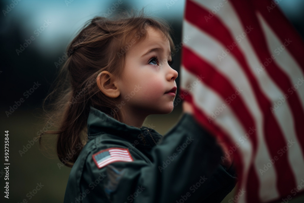 A young child holding an American flag and looking up in awe at a military jet flying overhead. Memorial day Generative AI A young child holding an American flag and looking up in awe at a military jet flying overhead. Memorial day Generative AI