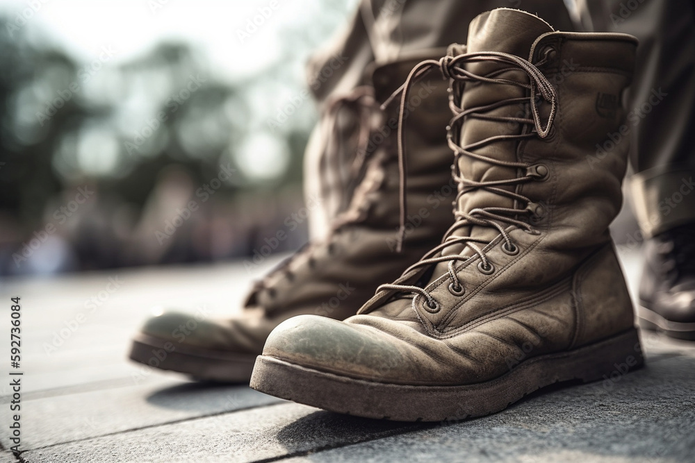 A close-up of a soldier's boots standing at attention, with a fallen comrade's boots and rifle in the background. Memorial day Generative AI A close-up of a soldier's boots standing at attention, with a fallen comrade's boots and rifle in the background. Memorial day Generative AI