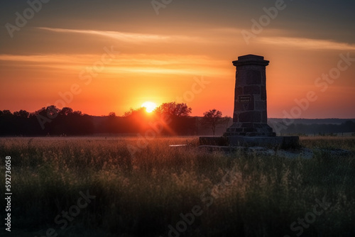 A sunset over a battlefield memorial, symbolizing hope and remembrance. Memorial day Generative AI