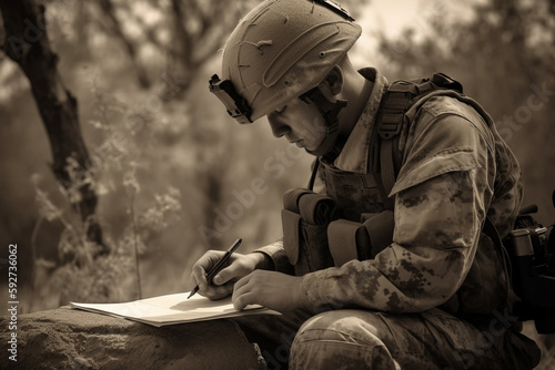 A military service member writing a letter to a fallen comrade, expressing their gratitude and respect. Memorial day Generative AI