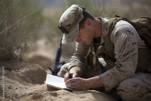 A military service member writing a letter to a fallen comrade, expressing their gratitude and respect. Memorial day Generative AI