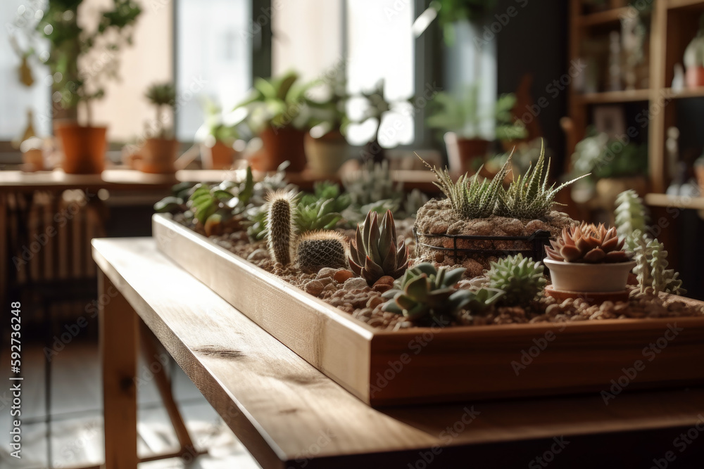 Cacti and succulent plants growing in a planter on a table in a room with a lot of house plants. .Created with Generative AI